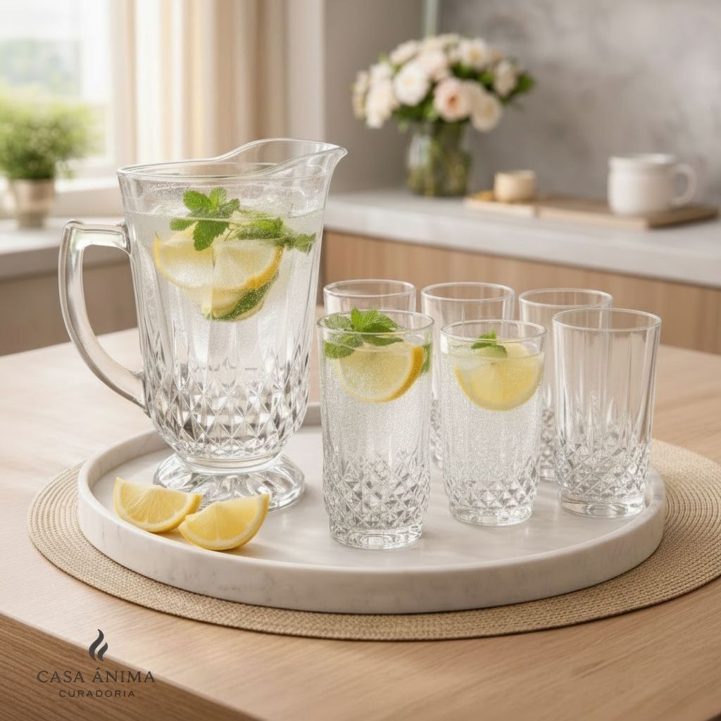 Conjunto Jarra com 6 Copos de Vidro Diamante Kit 7 Peças Jarra 1,25L e Copos 260 ML para Água Suco Transparente