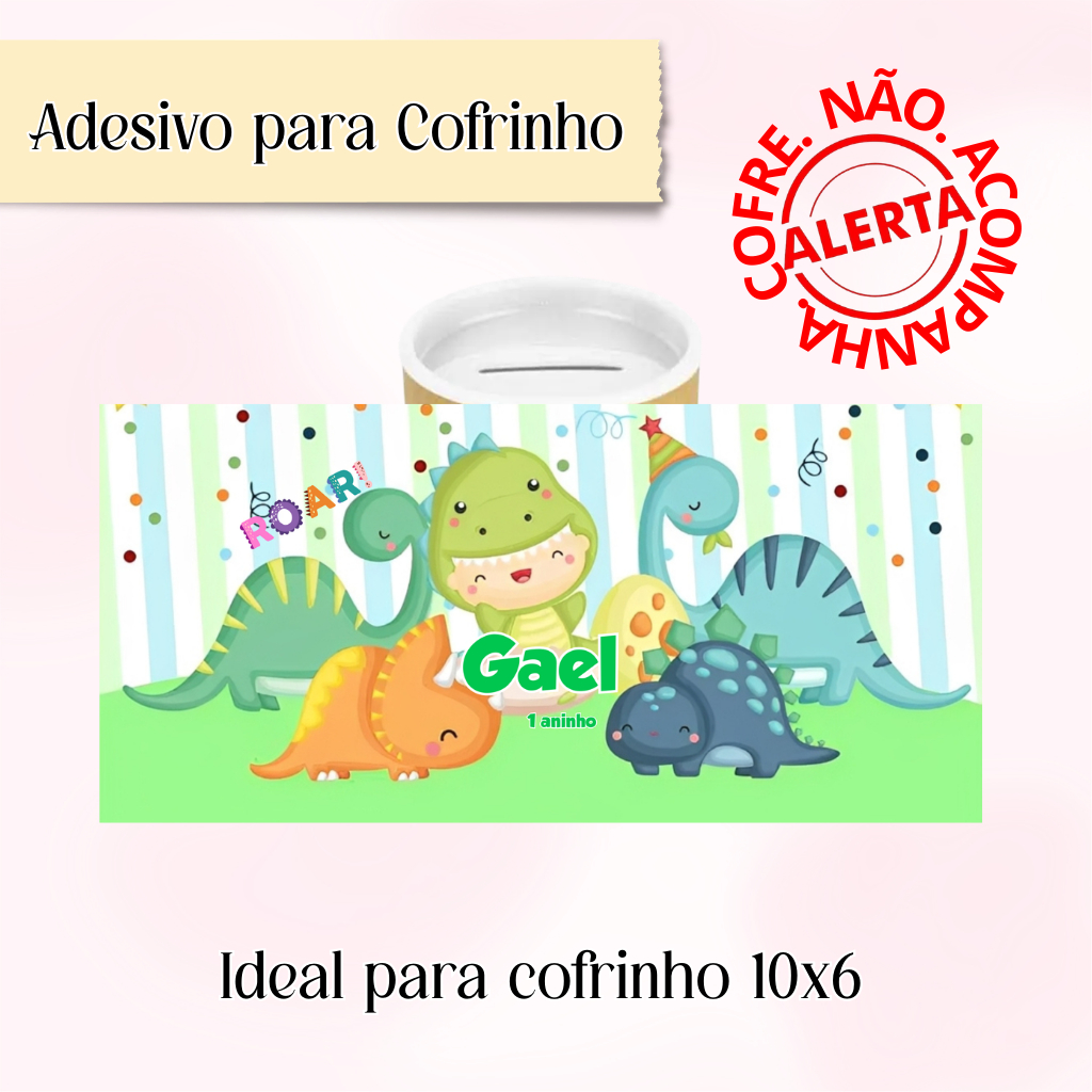 Rótulo Adesivo para Cofrinho Personalizado Dinossauro baby - Adesivo Personalizado Cofrinho 10x6