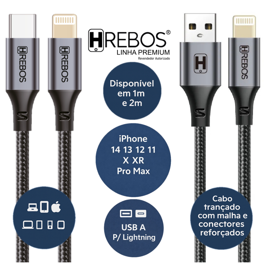 Cabo USB ou Tipo C p/ Lightning | iPhone 14 13 12 11 X XR Pro Max | 27w | Turbo Trançado | 1m 2m