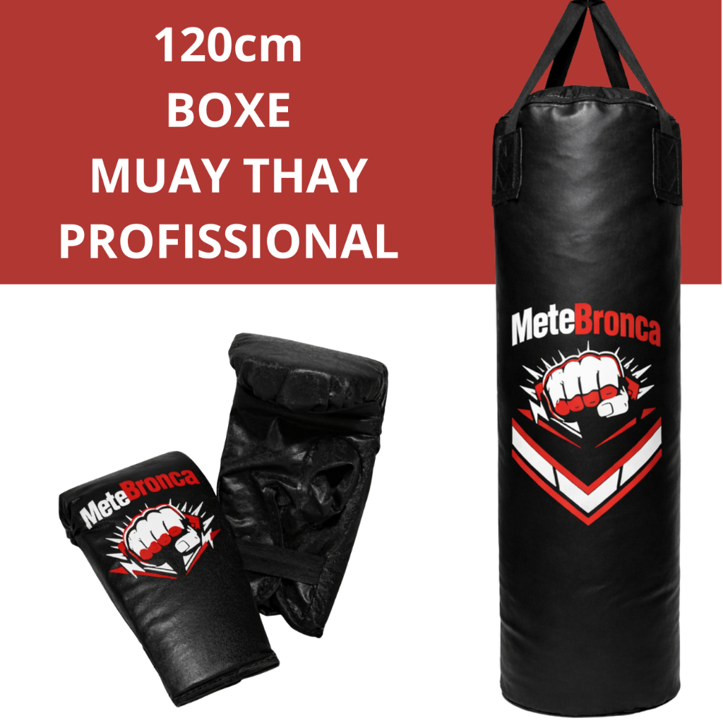 Saco de pancada 120cm Profissional + Par de Luvas para treinos de Boxe Muay Thai Mete Bronca