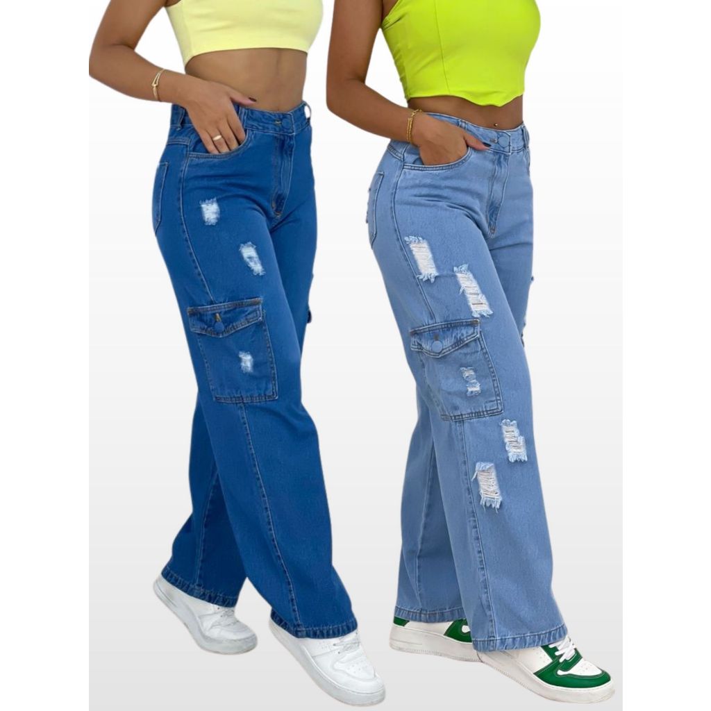 Calça Cargo Jeans Feminina Folgada Com Bolsos Rasgos (Premium) Na Moda