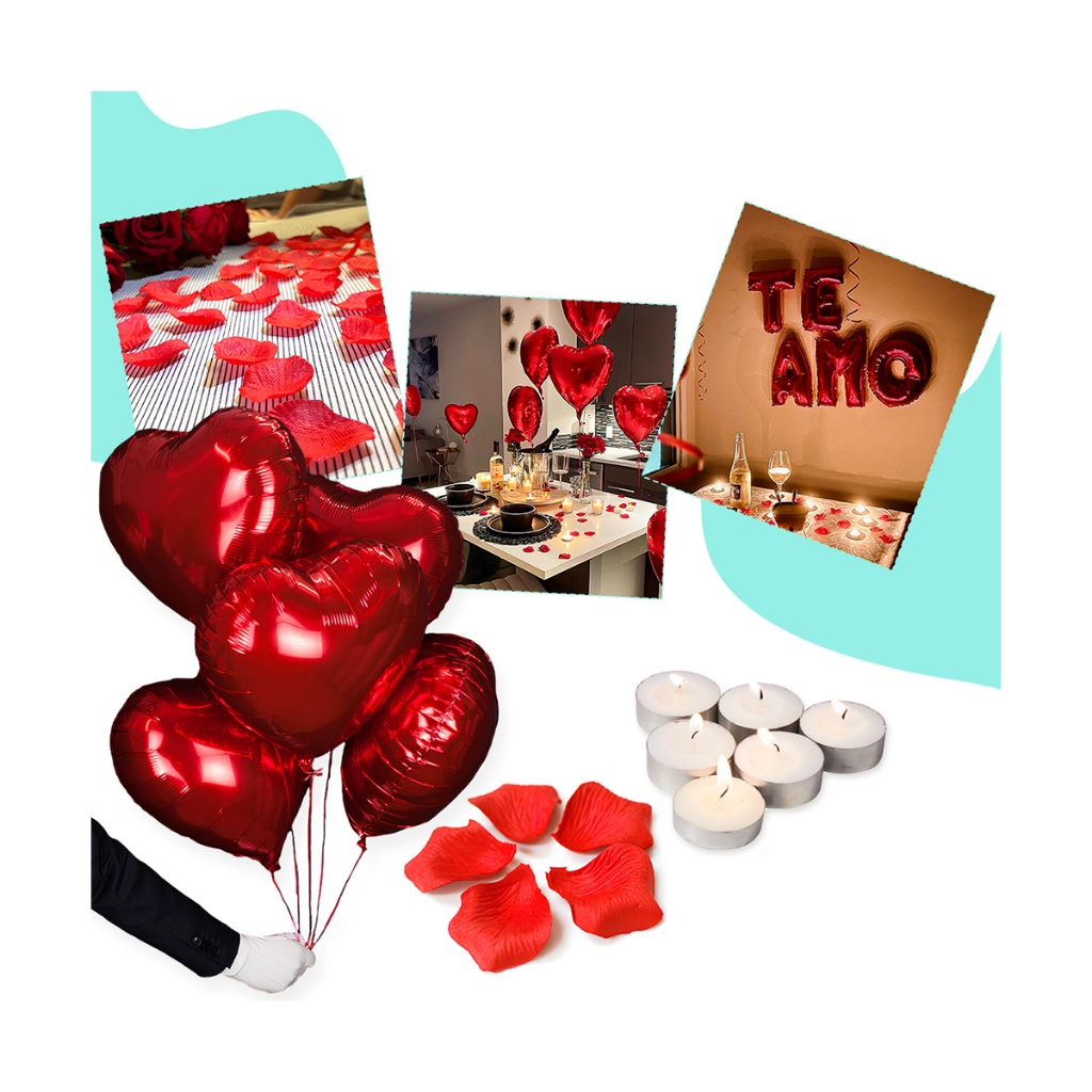 Kit Romântico - 400 Pétalas Artificiais + 6 Balão Coração + Te Amo + 10 Vela