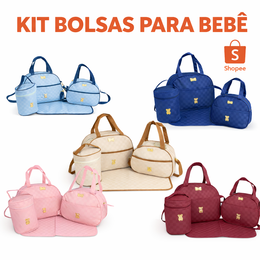 Kit Bolsa Maternidade Completo 4 Peças Mave Baby Xadrez Urso Bolsa Frasqueira Porta Mamadeira Trocador