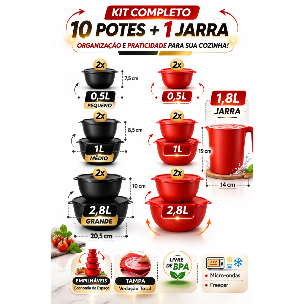 Kit Potes Bowl de Plástico 10 Peças Redondo Preto ou Vermelho + Jarra ou 5 Peças + Jarra