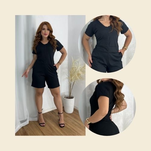 Macaquinho Feminino Manga Curta Zíper Frontal Com Bolso Malha Canelada do M ao GG em Oferta na Shopee