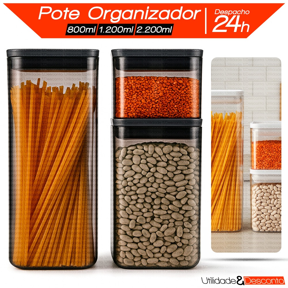 Kit 3 Potes de Acrílico Com Tampa Hermética Alta Vedação Silicone 800/1.200/2.200ml Organizador de Geladeira e Armário