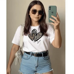 T-Shirt Feminina Camiseta Básica Blusa Estampada coração Verão Tendência 100% Algodão Promoção