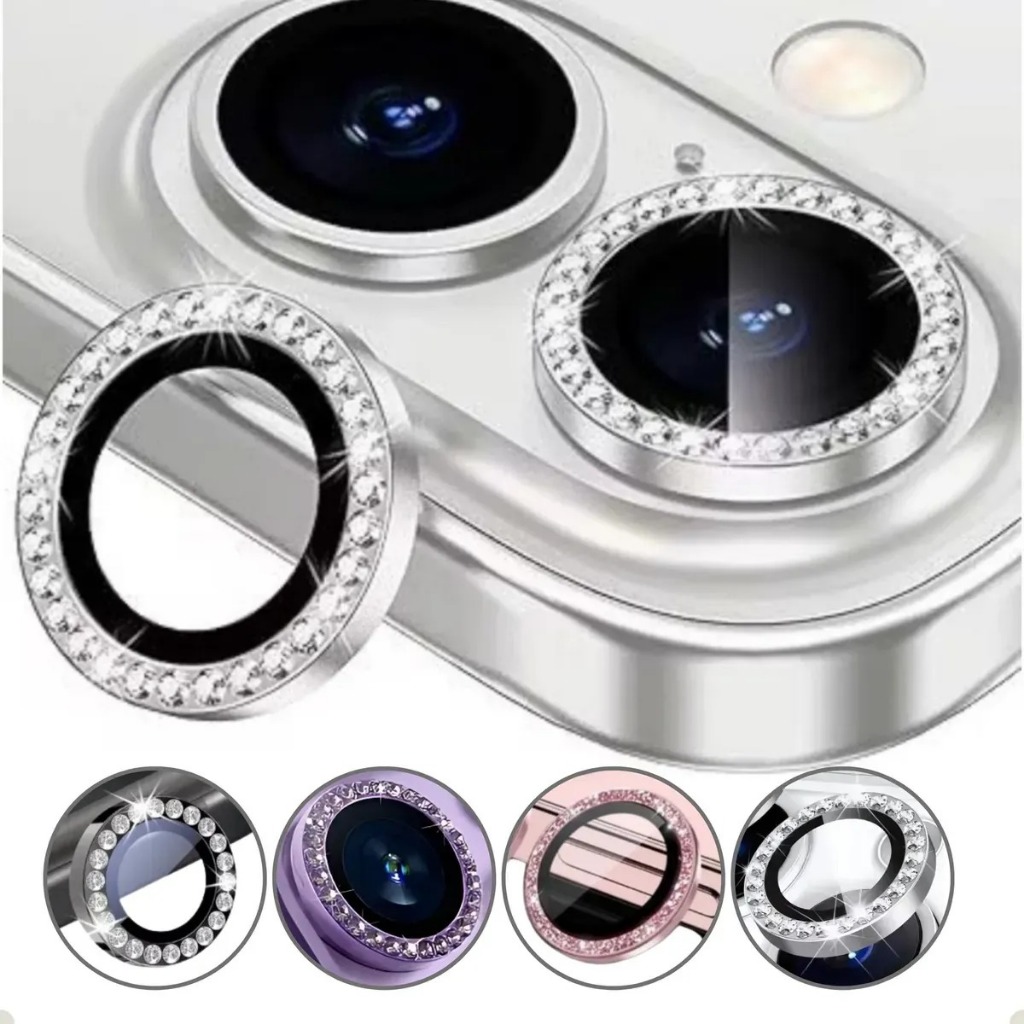 KIT 2 Película Lente Câmera Strass Brilho Iphone 16 16 Plus Kit ROSA AZUL PRATA E PRETO