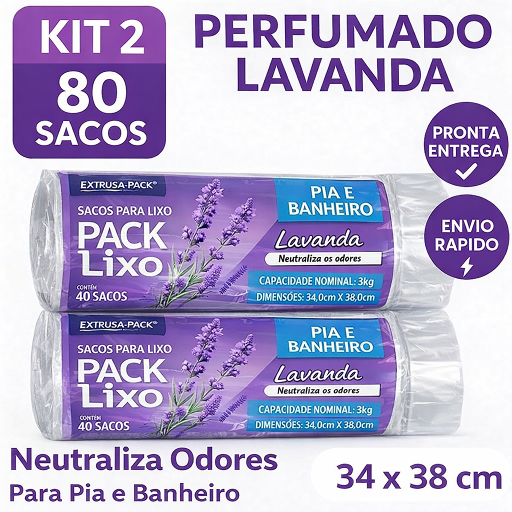Kit com 2 Sacos de Lixo Lavanda Neutralizador de Odor 34cmx38cm c/40 cada - Extrusa-Pack