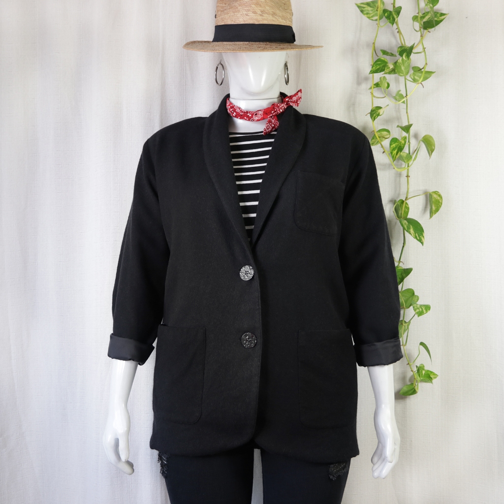 Casaco / blazer em lã natural, preto feminino plus size TAM GG [MEDIDAS NA DESCRIÇÃO] [BRECHÓ]