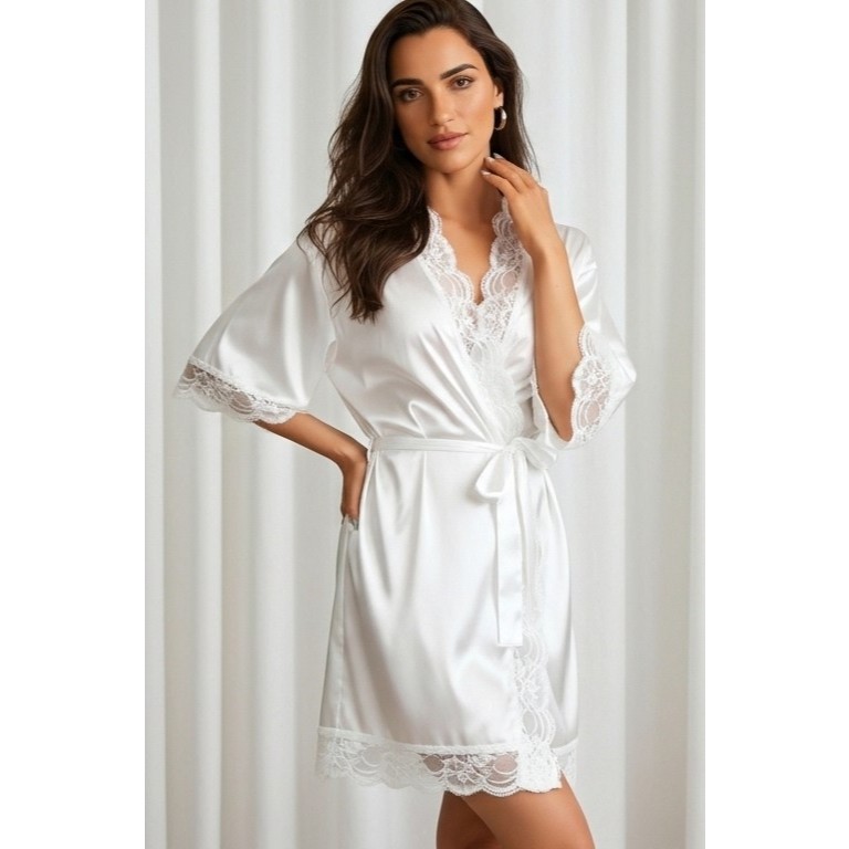 Robe de Cetim Branco com Renda Luxo para Noiva Lua de Mel — imagem 2 de 2