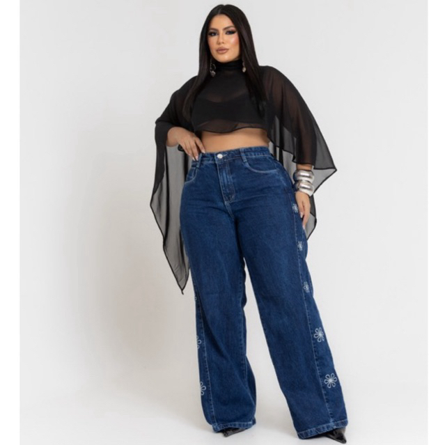 Calça Jeans Wide Leg Plus Size Feminina Cintura Alta Bordada Lavagem Escura