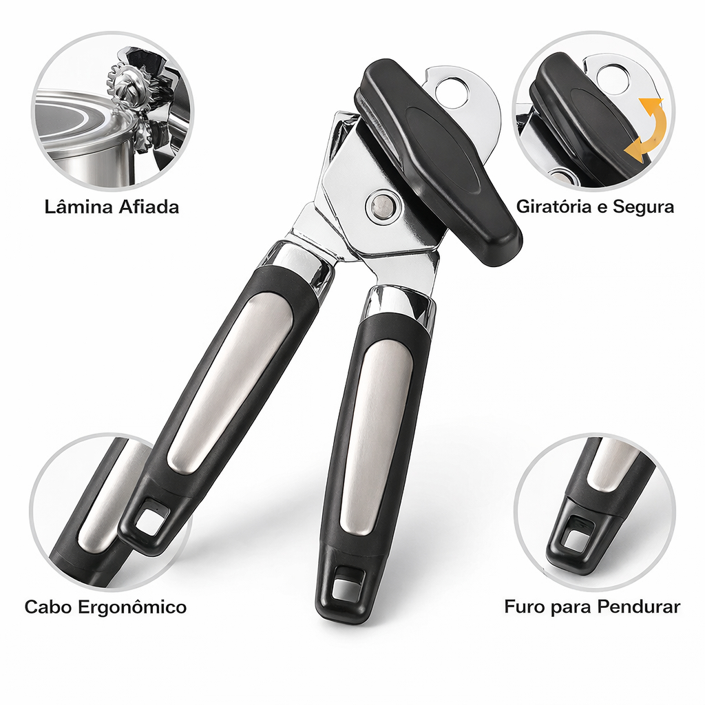 Abridor de Latas e Garrafas em Aço Inox Profissional com Manivela Resistente Cozinha