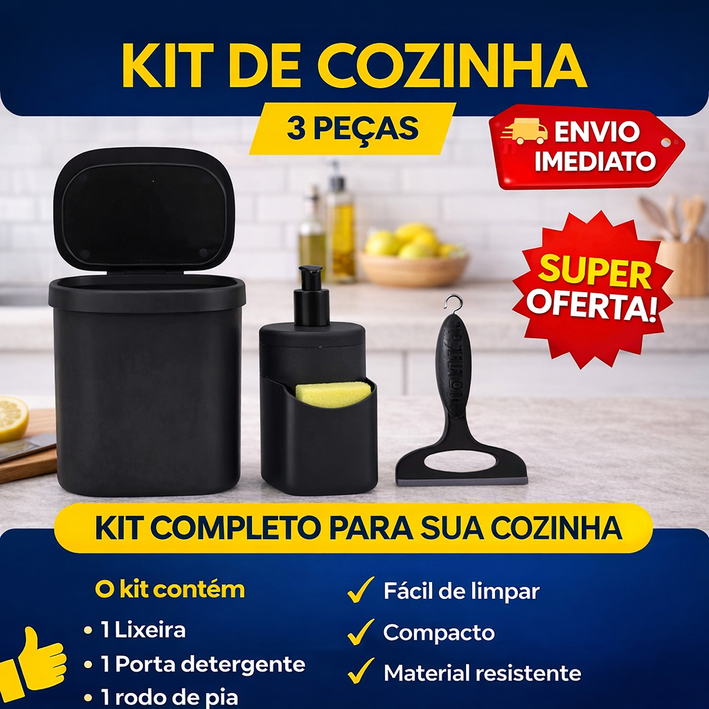 Kit Organização Pia Cozinha Lixeira 3,5 litros Dispenser Detergente  + Rodinho Preto 13cm em Oferta na Shopee