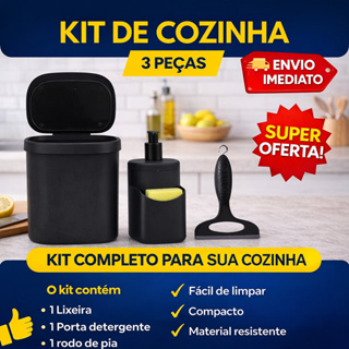 Kit Organização Pia Cozinha Lixeira 3,5 litros Dispenser Detergente  + Rodinho Preto 13cm em Oferta na Shopee