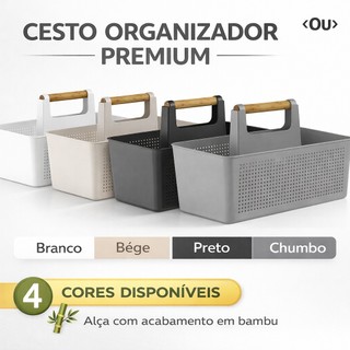 Cesto Organizador Multiuso 8L Flow Com Alça Bambu Lavanderia Limpeza Armário Cozinha Plás…