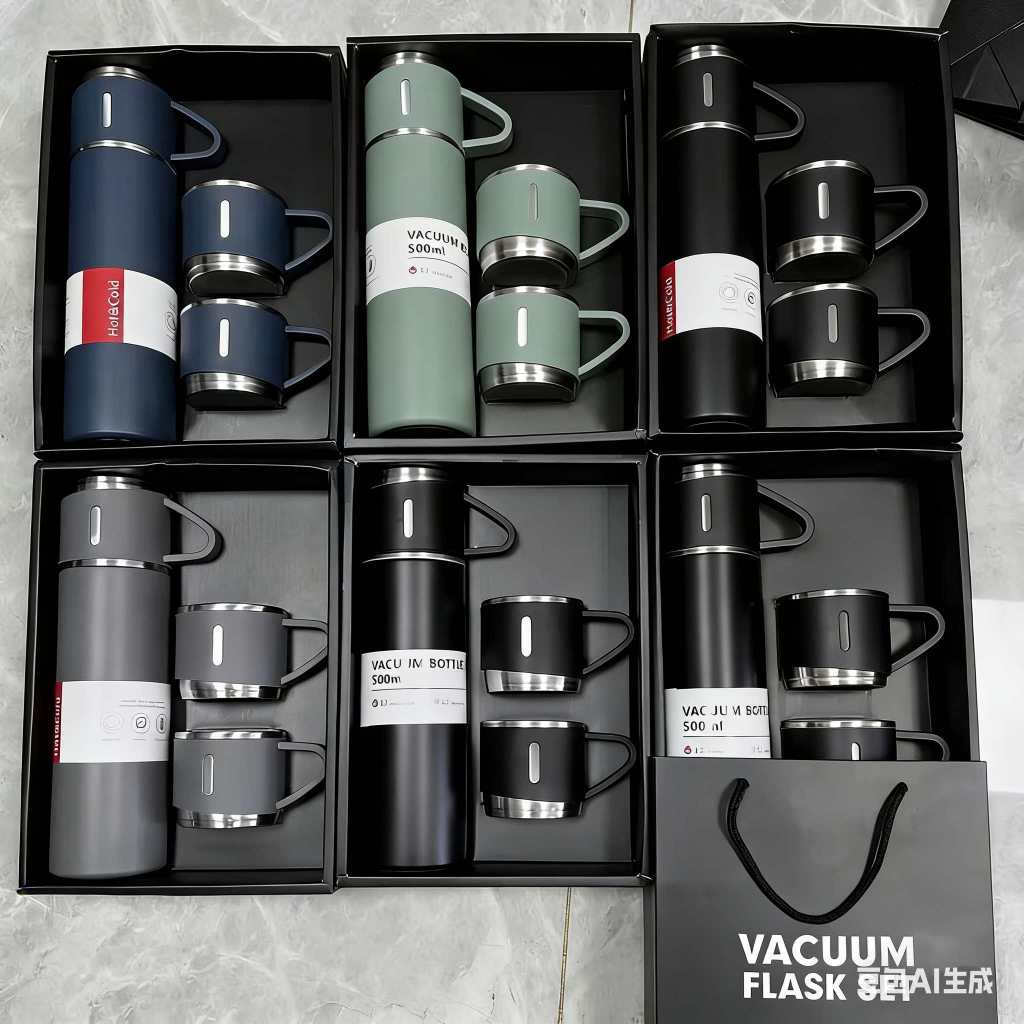 caneca Kit Garrafa Térmica Vacuum Bottle Inox 500ml + 3 Xícaras Bebidas Fria ou Quente RG060--15