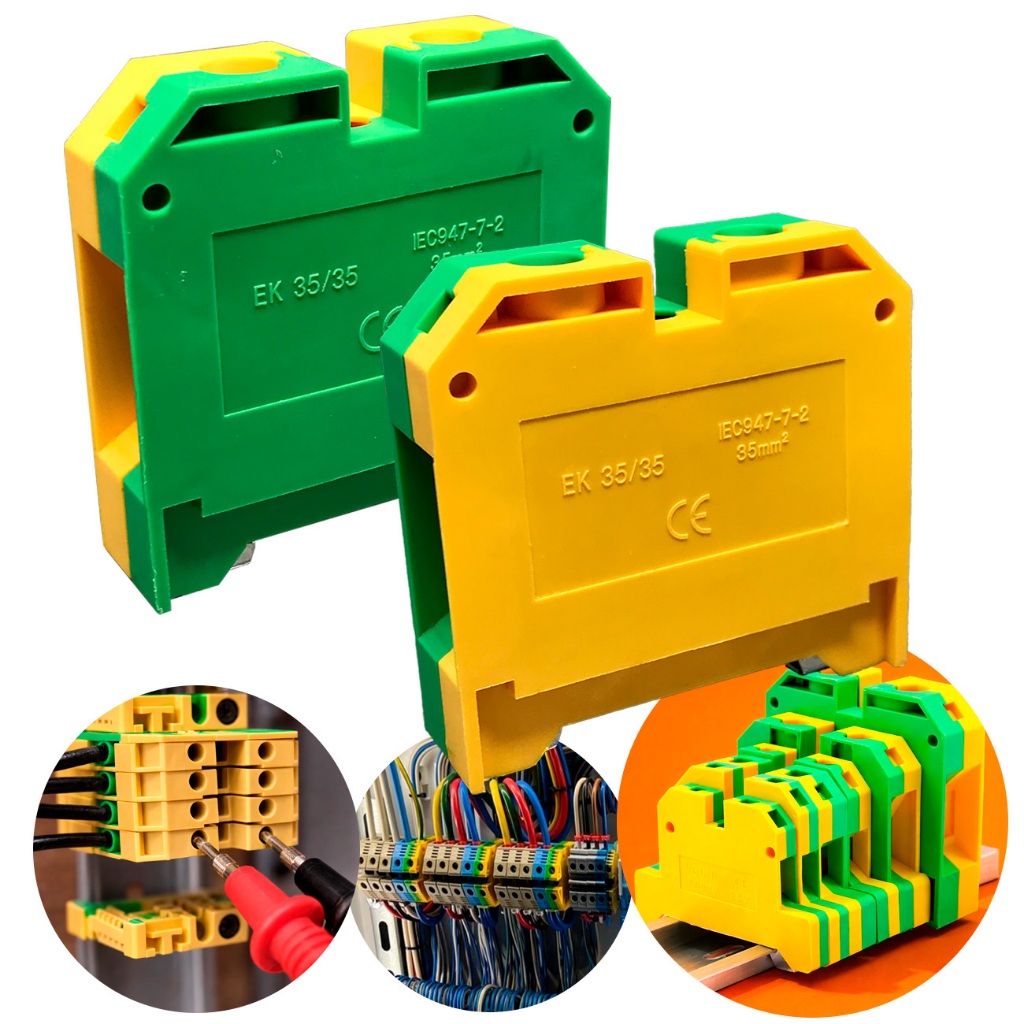 Borne Sak Terra Conector de Passagem 35mm Verde Amarelo Saki Aterramento Elétrico Fixação Trilho Din