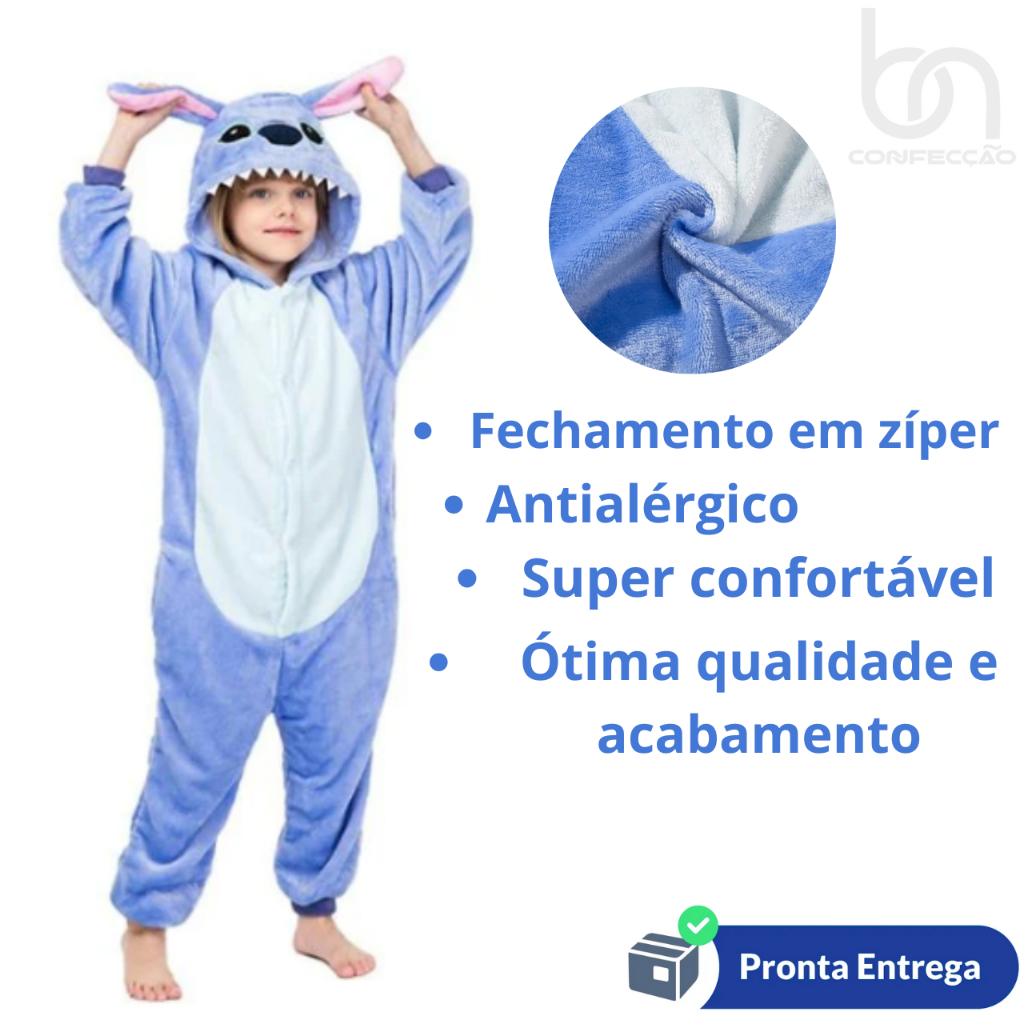 Pijama Infantil Stitch Kigurumi Macacão Peluciado Quentinho com Capuz e Zíper