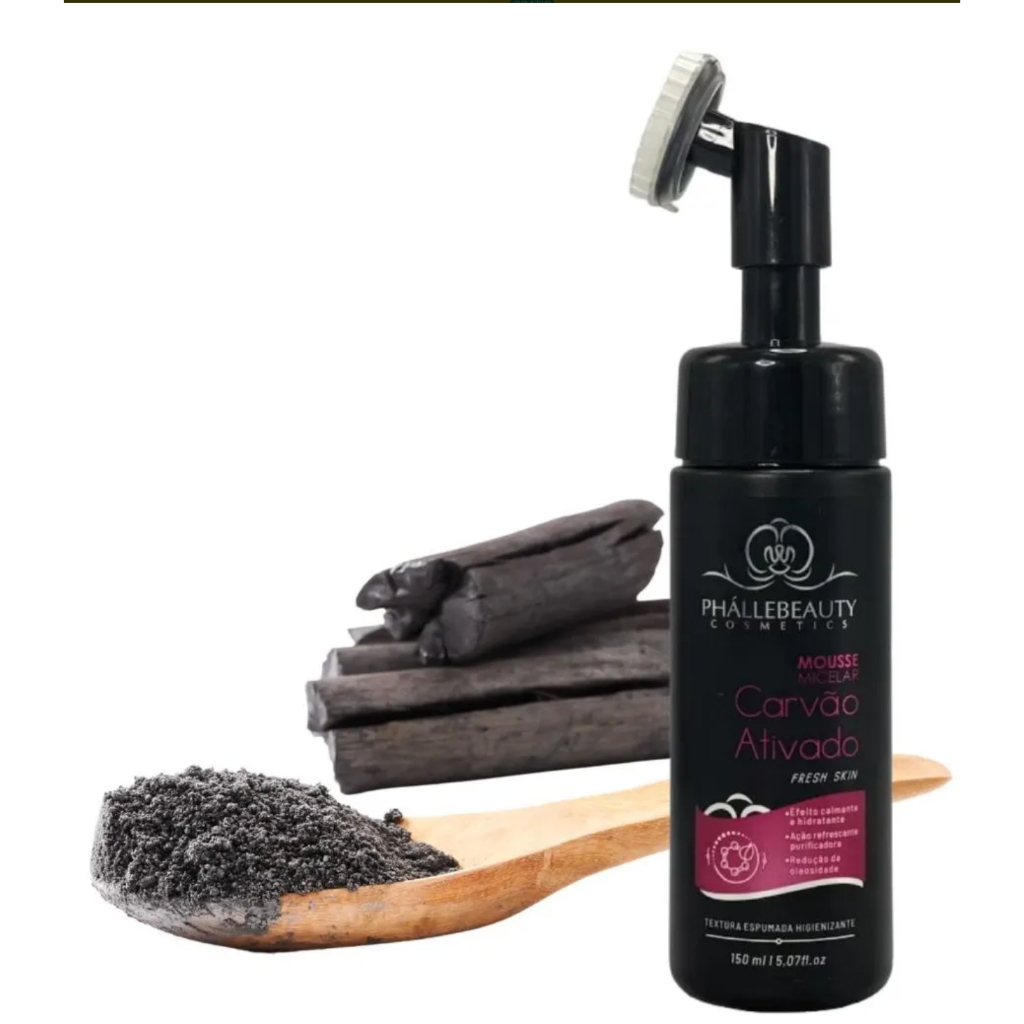 Sabonete facial Mousse Micelar Carvão Ativado Phállebeauty 150ml Limpeza Facial Controle de Oleosidade