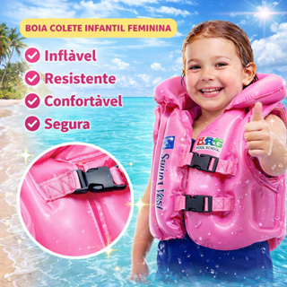 Boia Colete Infantil Rosa Inflável Segurança Piscina Praia Crianças Ajustável PVC Resistente em Oferta na Shopee