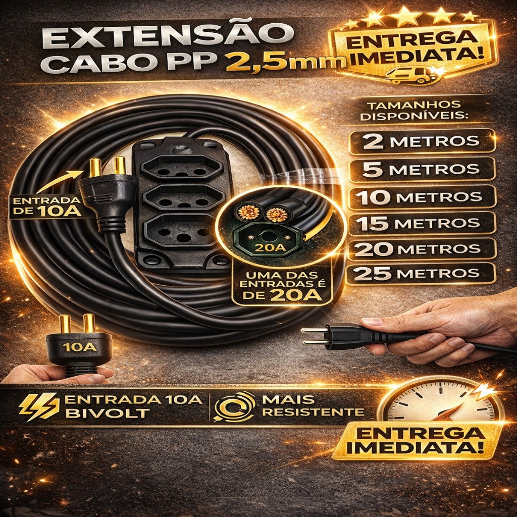 Extensão 2mt, 5mt,10mt,15mt,20mt,25mt Metros Cabo PP 2x2.5, E 20A Resistente Ferramentas Industrial em Oferta na Shopee