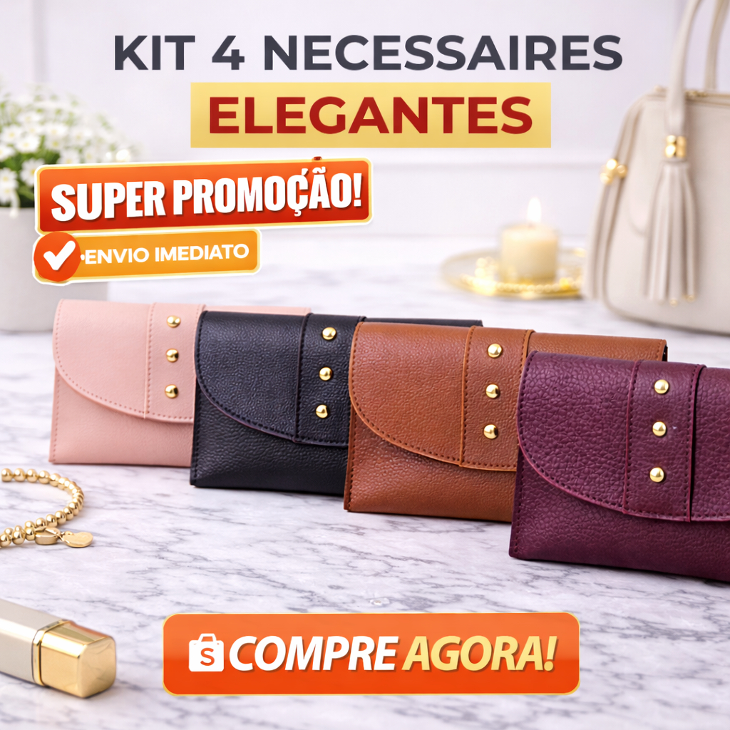 Kit 4 Nécessaires Femininas Elegantes | Organizadoras Premium com Detalhes Dourados em Oferta na Shopee