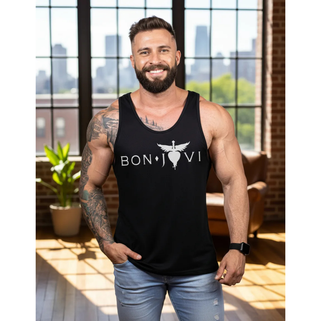 Regata Bon Jovi masculina Rock Bandas Musica Camiseta Preta Musica Show casual preta academia treino