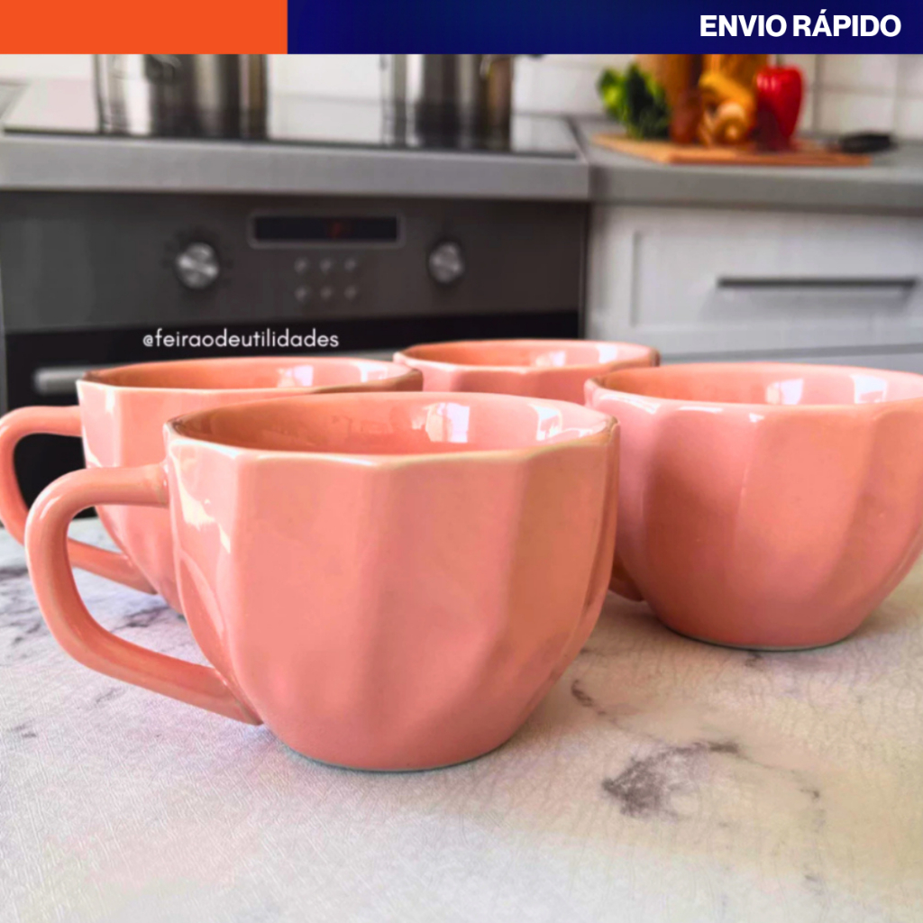 Kit Xícaras de Porcelana Prisma Rosa 200ml - Elegância em Cada Gole em Oferta na Shopee