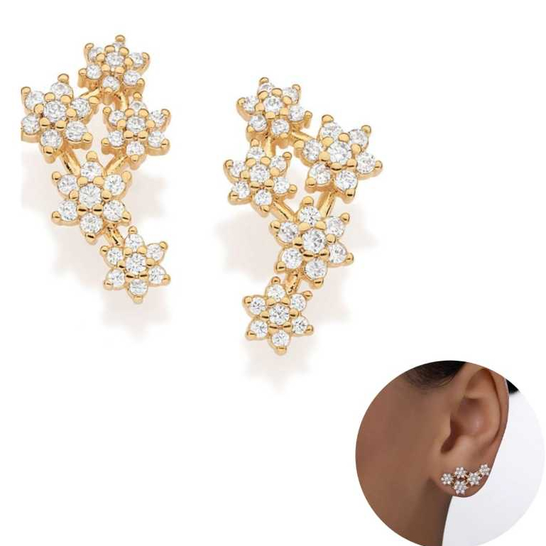Brinco Rommanel formato flores banhado a ouro 18k com zircônias 527571