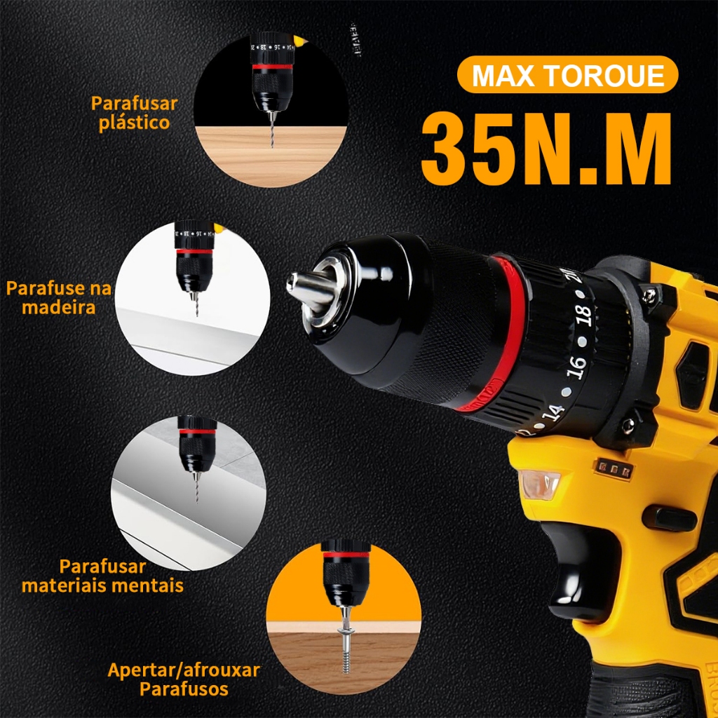 Parafusadeira Furadeira de Impacto Sem Fio 2Baterias Mandril 13mm 3em1 funções Kit Acessórios 28pcs — imagem 2 de 2