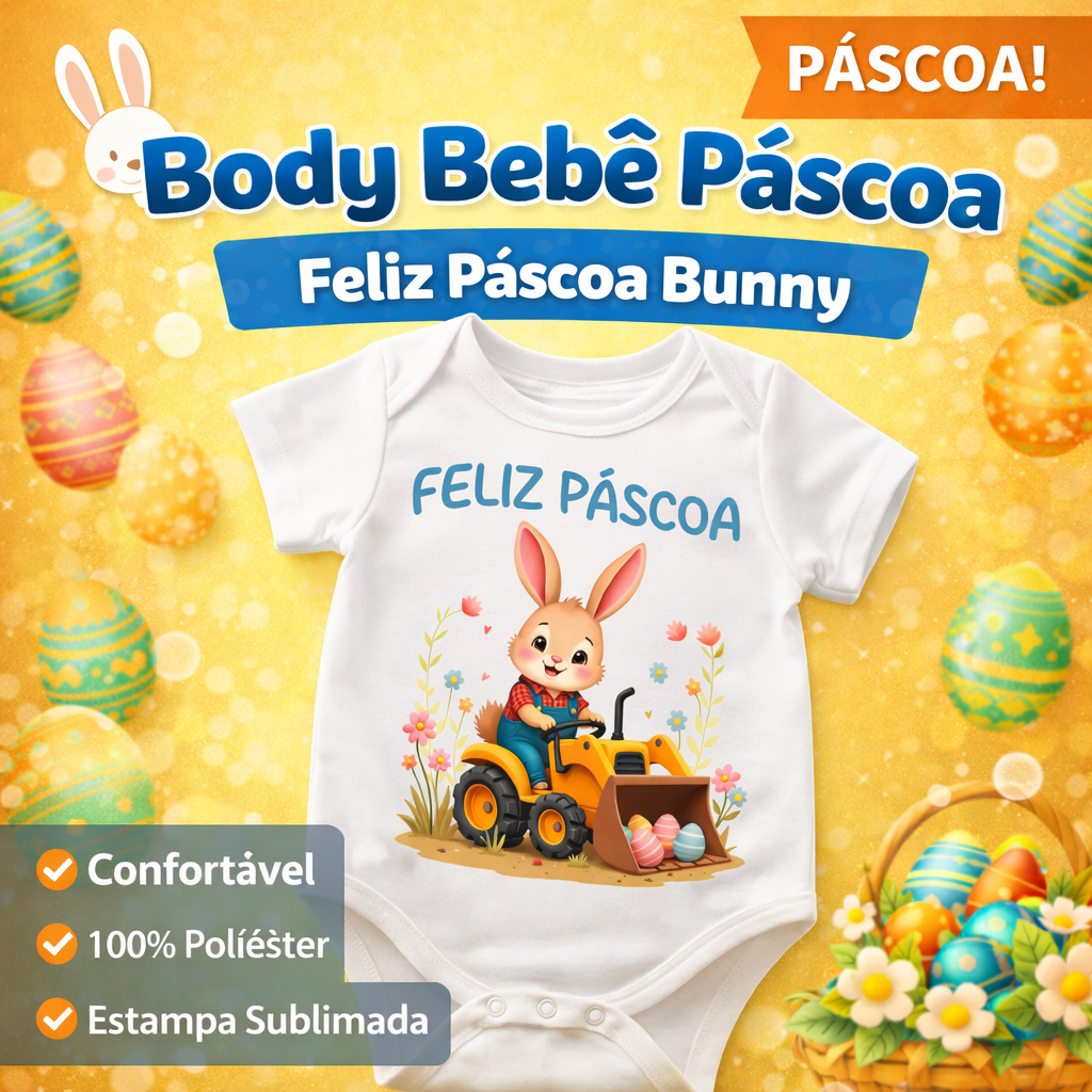 Body Bebê Páscoa Feliz Páscoa Coelhinho no Trator | Roupa Infantil Páscoa Bebê Estampa Divertida