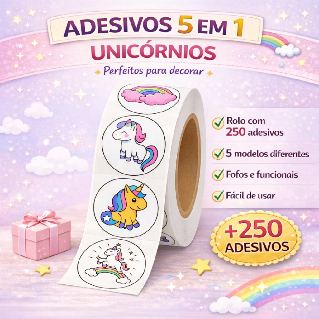 250 Adesivos Fofos | Modelo Unicórnios | Papelaria Kawaii | 3cm