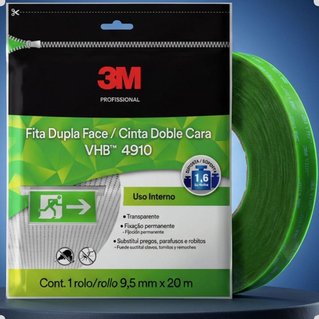 Fita Dupla Face 3M VHB 4910 Transparente 9,5mm x 20m Original Fixação Extra Forte Profissional