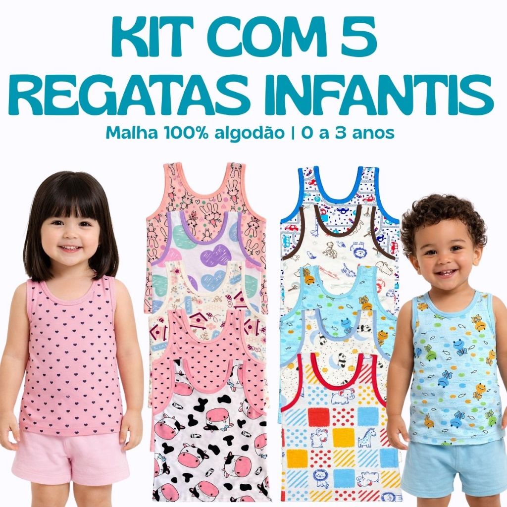 Kit 5 Camisetas Regatas Infantil e Bebê para Menino e Menina Estampadas de Algodão Para Calor De Verão Confortável