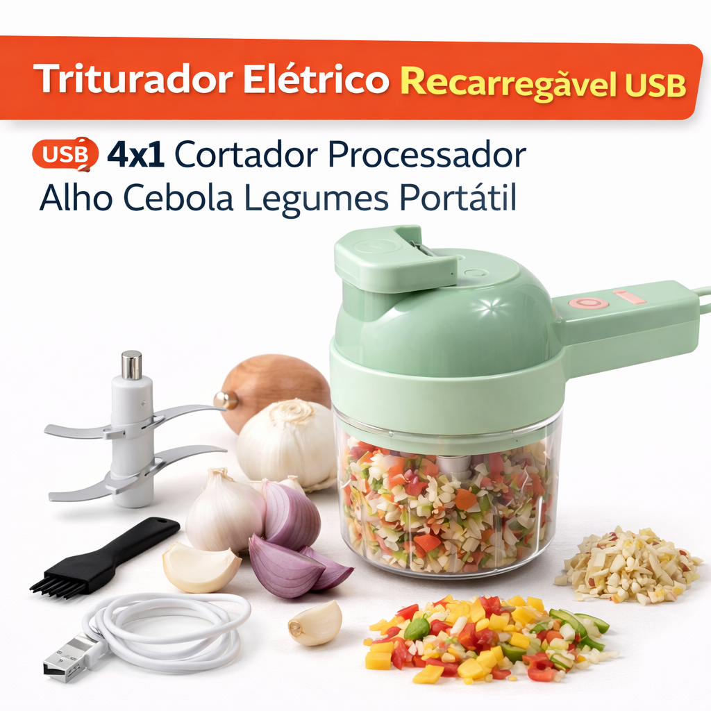 Triturador Elétrico Recarregável USB 4x1 Cortador Processador Alho Cebola Legumes Portátil Verde