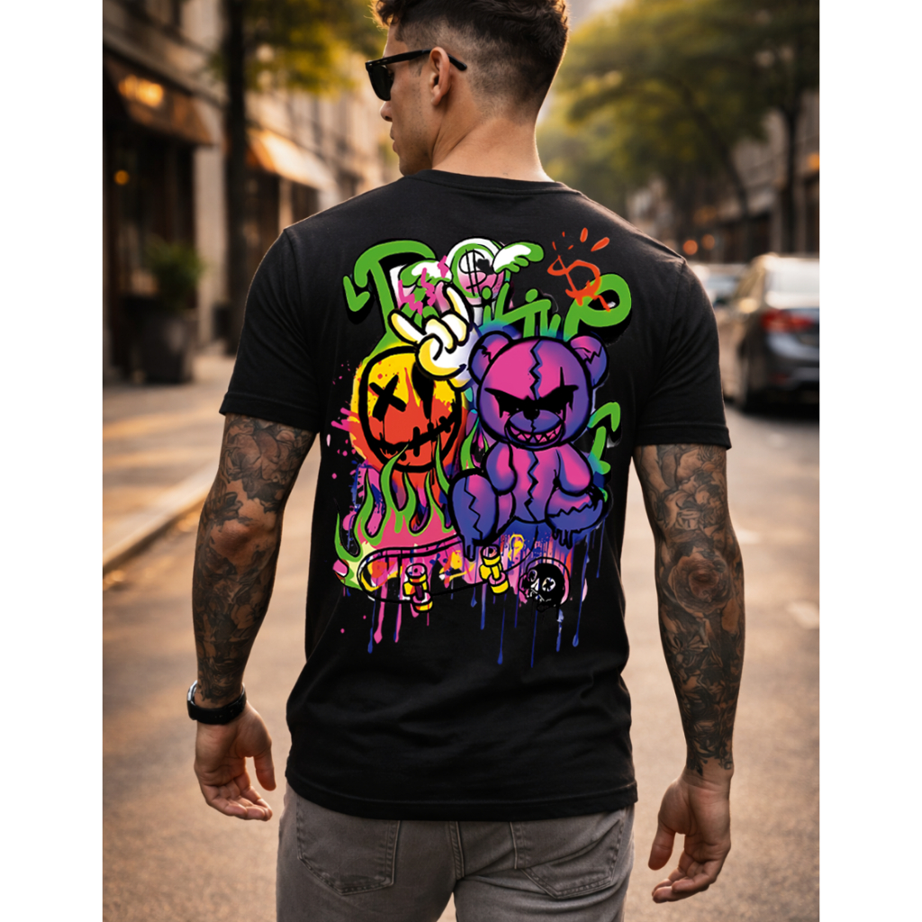 Camiseta Camisa Masculina Estampa Boneco Spray Desenho Colorido Frente e Costa Algodão Malha Premium em Oferta na Shopee