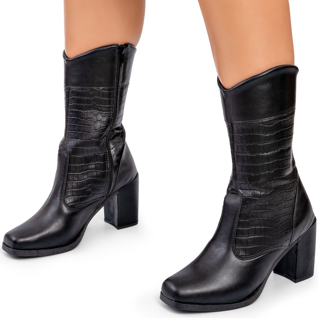 Bota Feminina Lumiss Cano Médio Montaria Salto Bloco Croco Preto