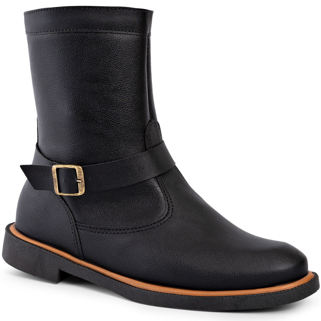 Bota Feminina Lumiss Montaria Cano Curto Salto Baixo Grosso Biker Zíper Fivela Confortável