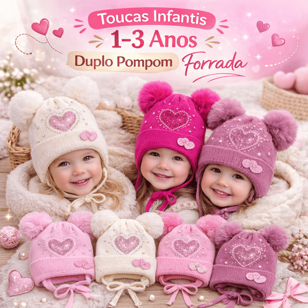 Touca Infantil Bebe Feminina Inverno Duplo Pompom Forrada Bebê Menina Borboleta Coração 1 a 3 Anos