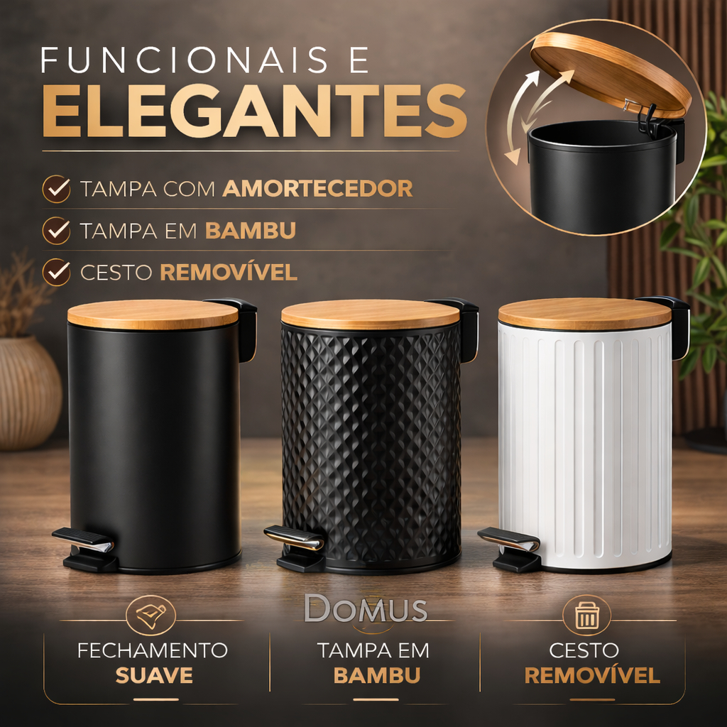 Lixeira Premium 5L Pedal Metálico Tampa de Bambu Soft Close Cesto Removível Banheiro Cozinha