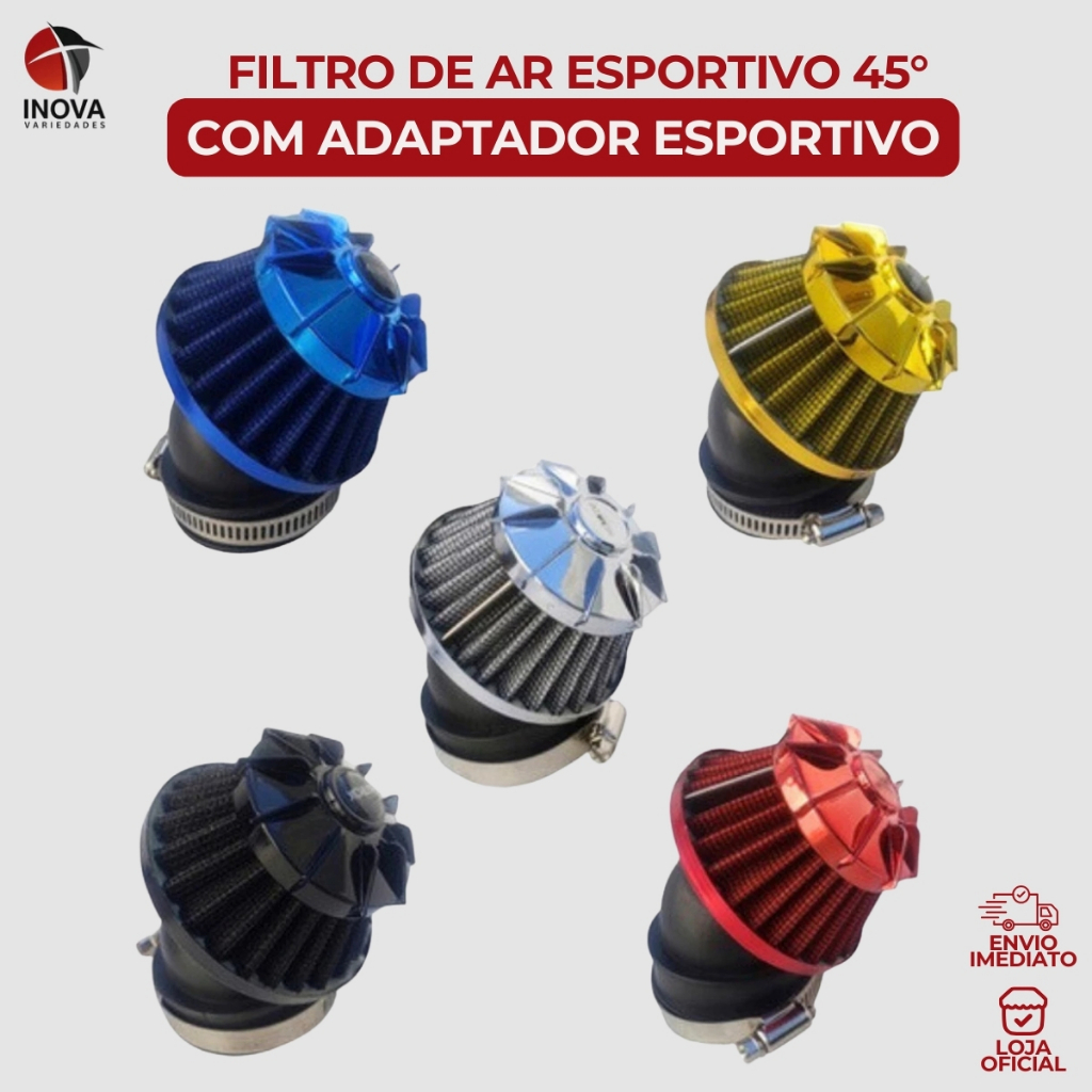 Filtro De Ar Esportivo Moto 45 Graus Com Adaptador Universal em Oferta na Shopee