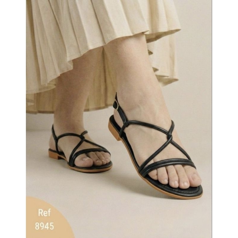 Sandália Rasteira Feminina Minimalista Tiras Cruzadas Com Fivela Luxo Ref 8945 Calçado Feminino Off White Preto Nude