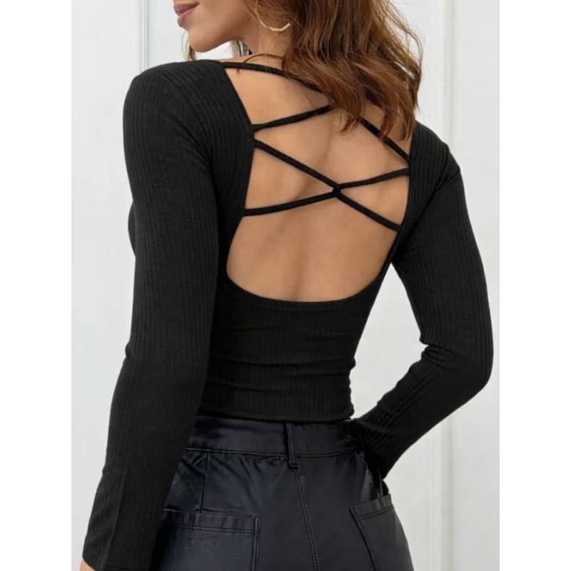 Body Feminino Preto Manga Longa Canelado Costas Vazadas com Tiras Moda Casual Elegante Ajustado