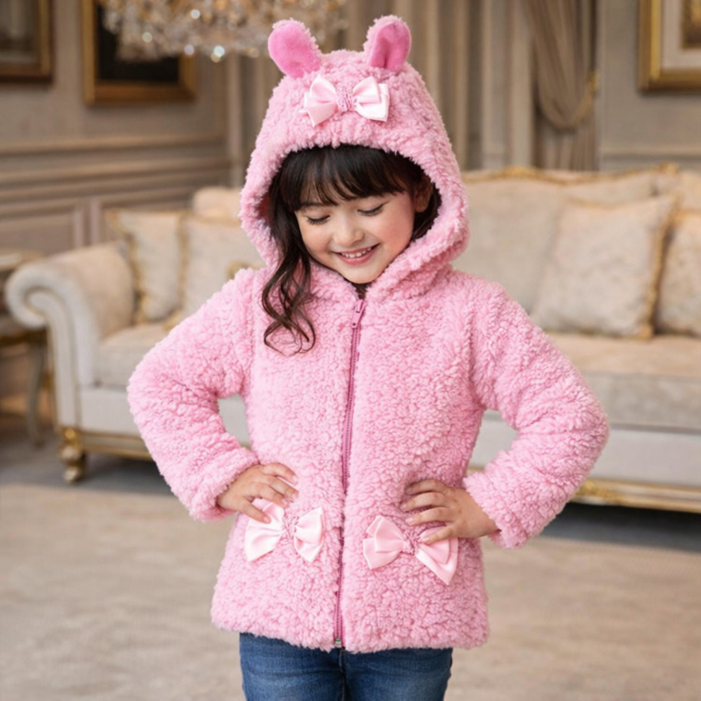 Casaco Teddy Infantil Menina Capuz com Ziper Casaco fofinho Quente/ Casaco de frio Infantil