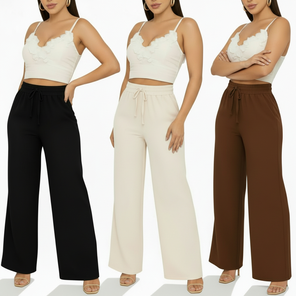 Kit 1 a 3 Calça Feminina Pantalona Duna Com Bolso Cintura Alta PROMOÇÃO