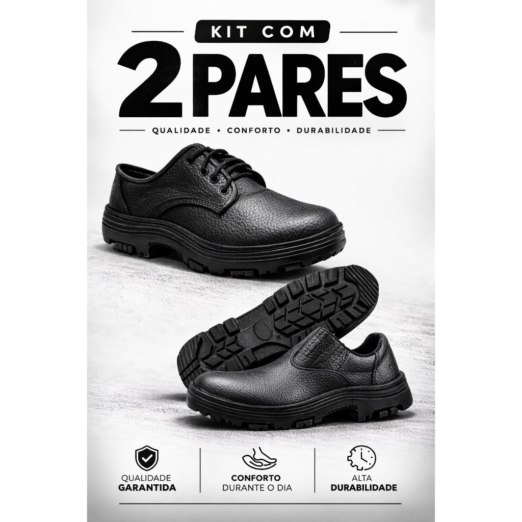 Kit 2 Sapatos Com Cadarço E Elástico Em Couro E Com Selo CA Trabalho Conforto Em Promoção em Oferta na Shopee
