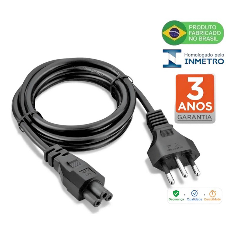 Cabo De Força Tripolar Para Fonte Notebook TV Laptop Compativel Com Dell LG Samsung Padrão Mickey BR Certificado Inmetro
