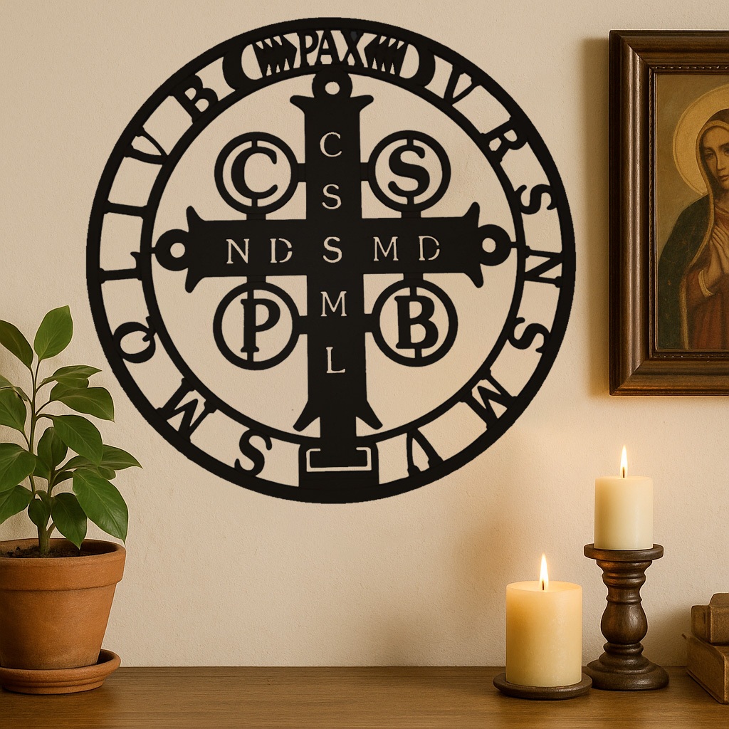 Imagem Mandala Medalha São Bento Parede Decorativa Religiosa MDF Preto 30 cm