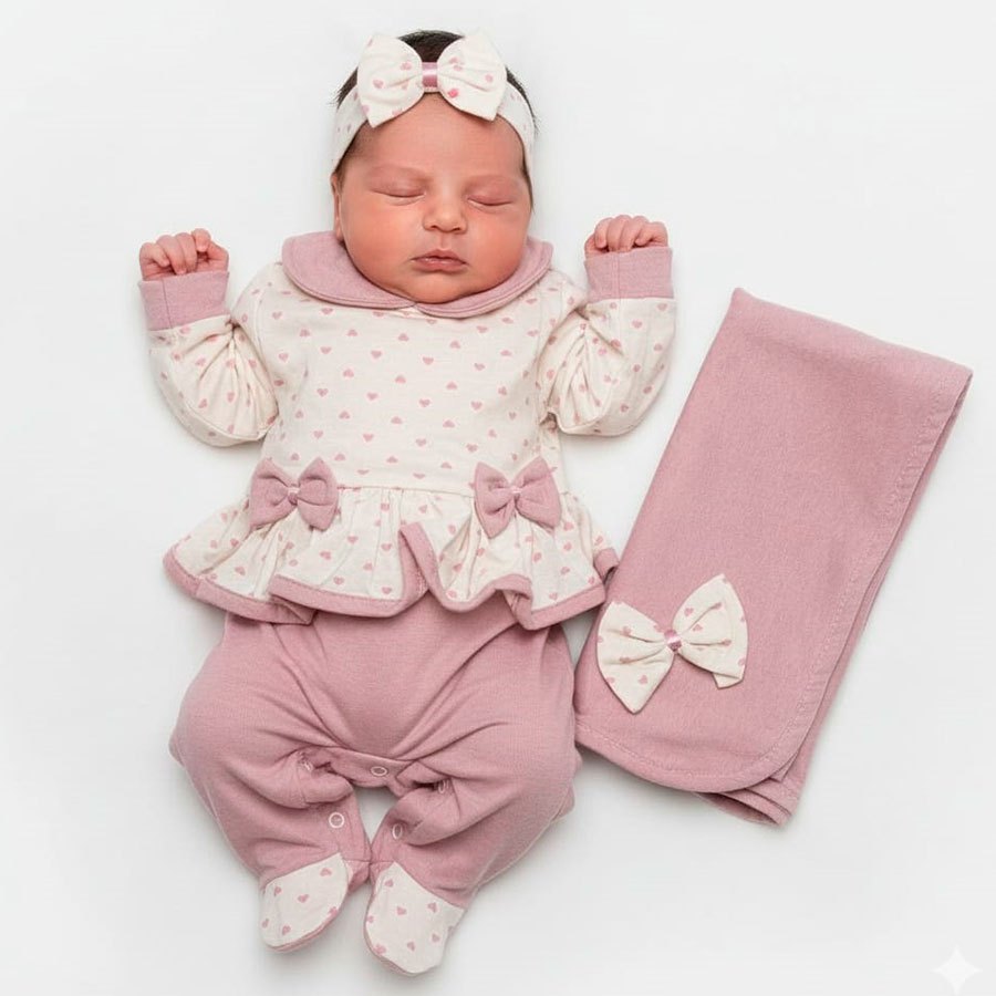 Kit Saída de Maternidade Para Menina em Malha com Lacinhos - 03 Peças